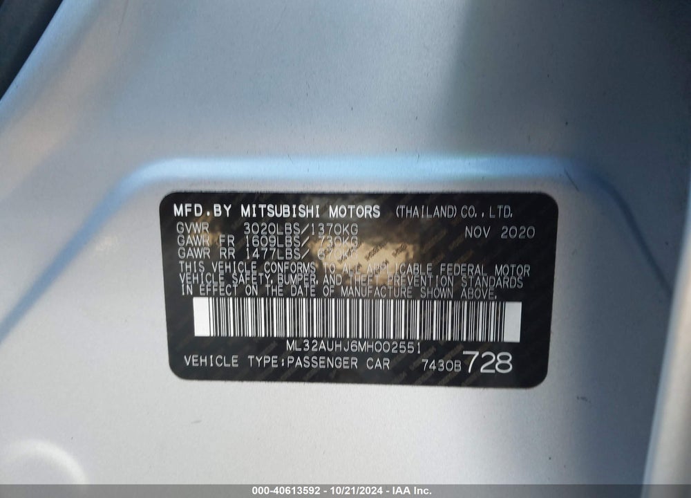 2021 MITSUBISHI MIRAGE VIN: ML32AUHJ6MH002551