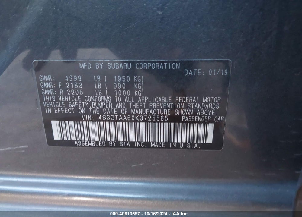2019 SUBARU IMPREZA 2.0I VIN: 4S3GTAA60K3725565