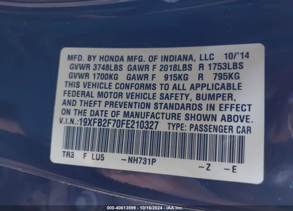 2015 HONDA CIVIC SE VIN: 19XFB2F70FE210327