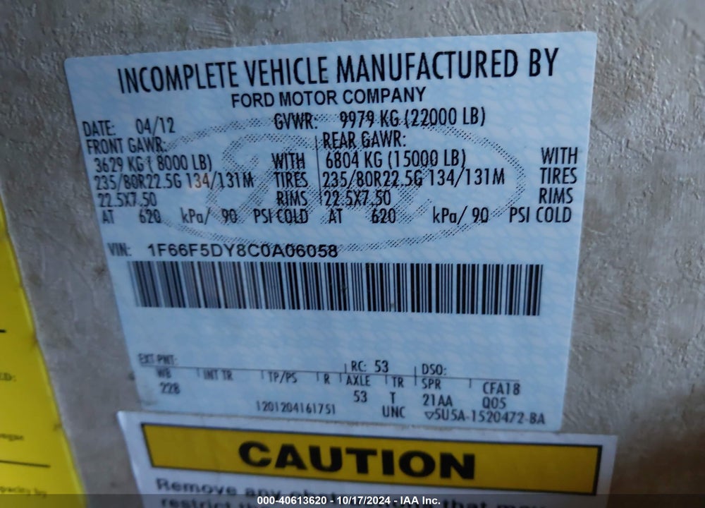 2012 FORD F53 MOTOR HOME VIN: 1F66F5DY8C0A06058