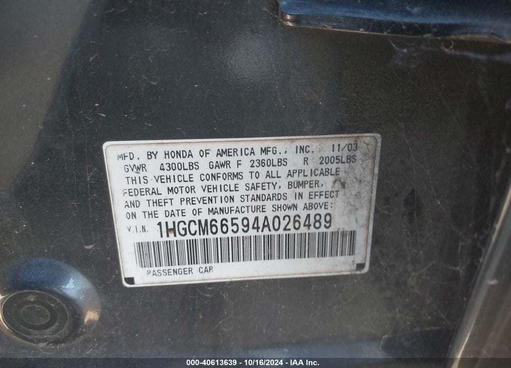 2004 HONDA ACCORD 3.0 EX VIN: 1HGCM66594A026489