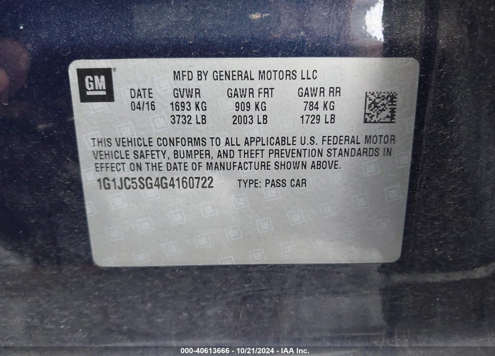 2016 CHEVROLET SONIC LT AUTO VIN: 1G1JC5SG4G4160722