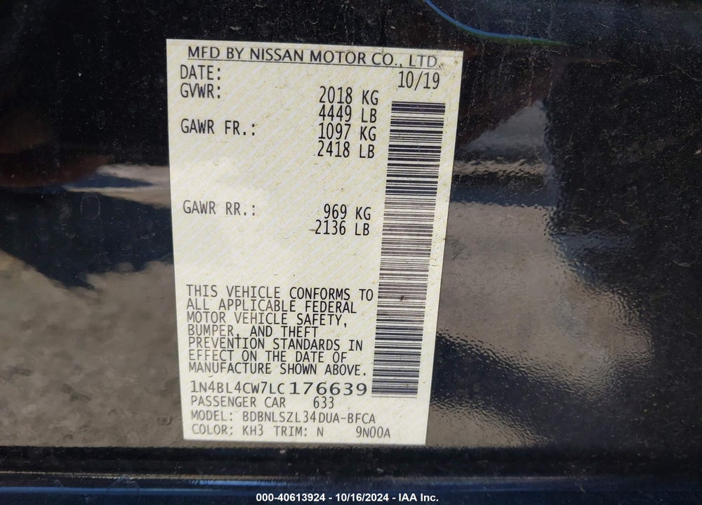 2020 NISSAN ALTIMA SR INTELLIGENT AWD VIN: 1N4BL4CW7LC176639