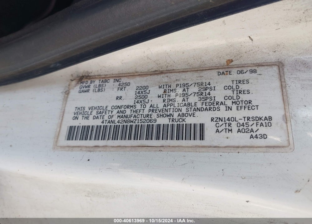 1998 TOYOTA TACOMA VIN: 4TANL42N8WZ152069