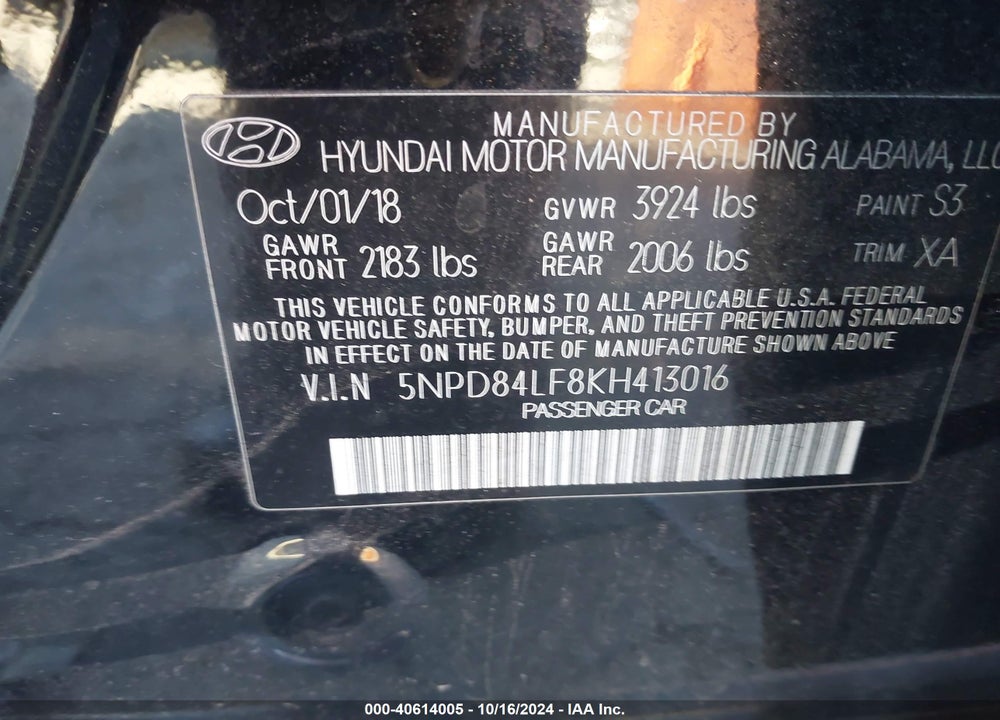 2019 HYUNDAI ELANTRA SEL VIN: 5NPD84LF8KH413016