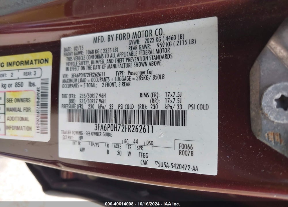 2015 FORD FUSION SE VIN: 3FA6P0H72FR262611