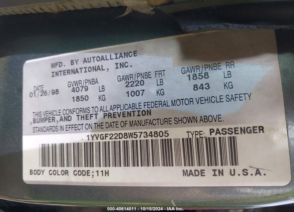 1998 MAZDA 626 VIN: 1YVGF22D8W5734805