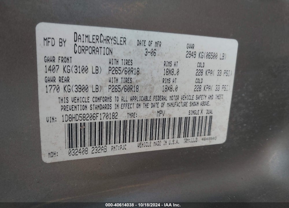 2006 DODGE DURANGO LIMITED VIN: 1D8HD58206F170182