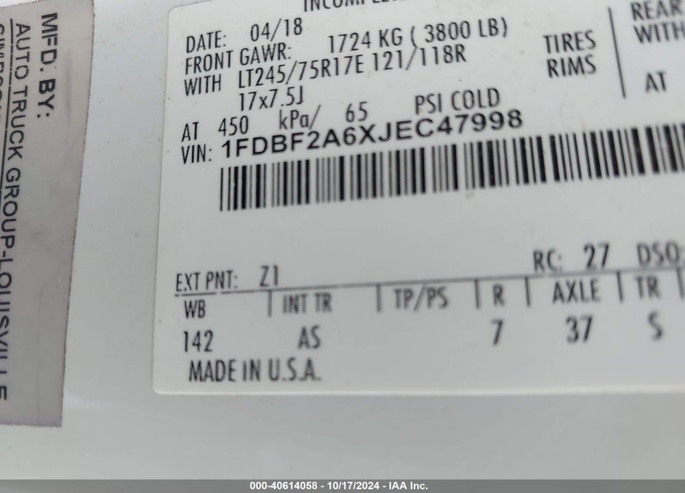 2018 FORD F-250 XL VIN: 1FDBF2A6XJEC47998