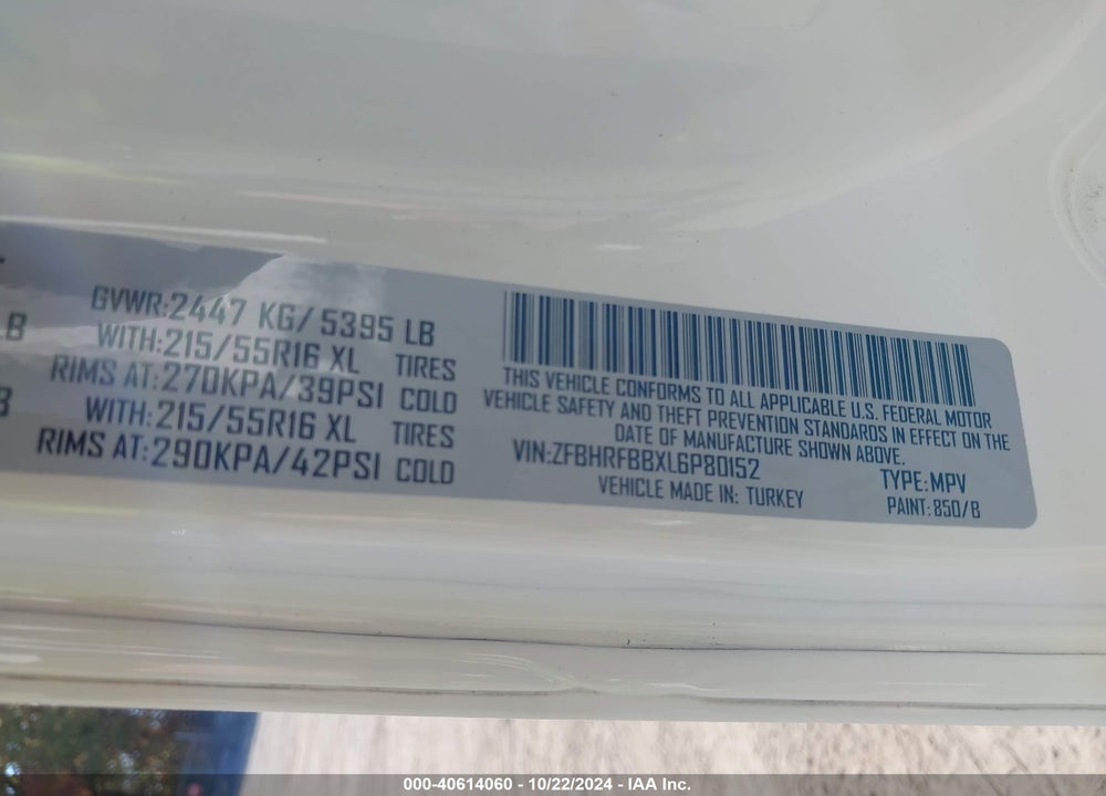 2020 RAM PROMASTER CITY TRADESMAN SLT VIN: ZFBHRFBBXL6P80152