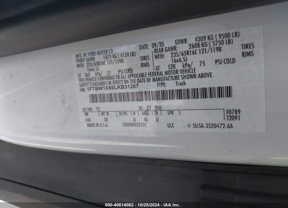 2020 FORD TRANSIT-350 CARGO VAN VIN: 1FTBW1X86LKB31287