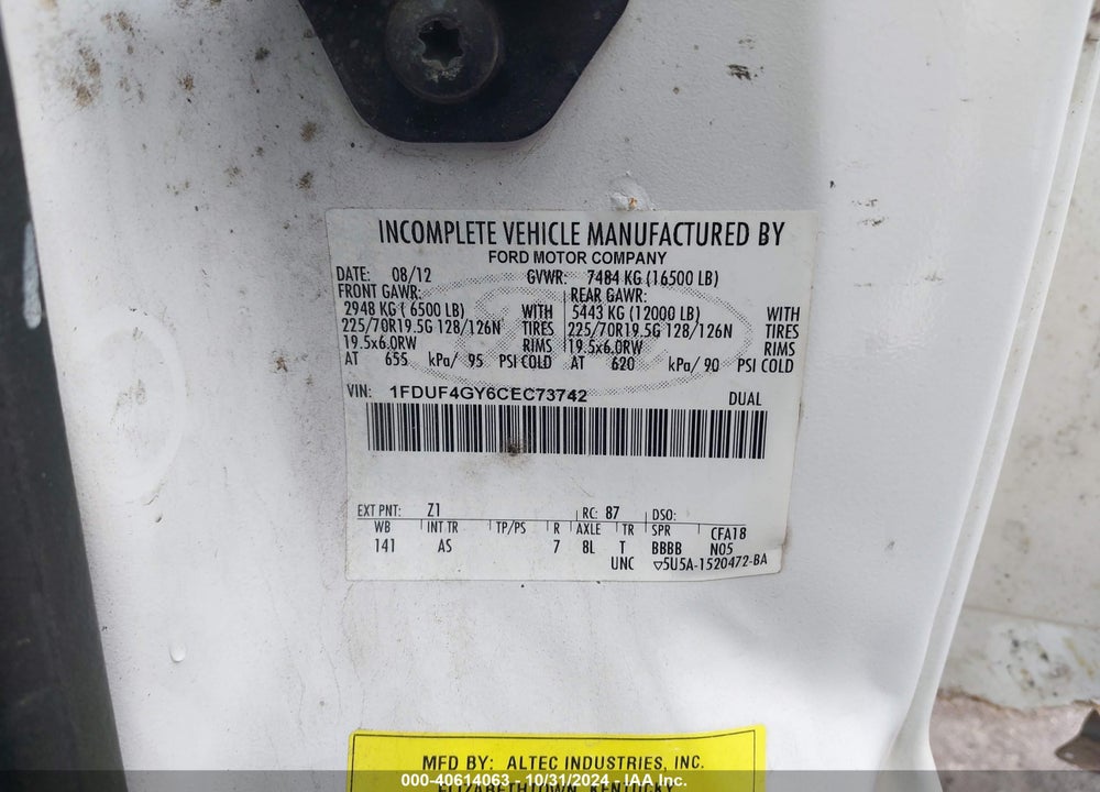 2012 FORD F-450 CHASSIS XL VIN: 1FDUF4GY6CEC73742