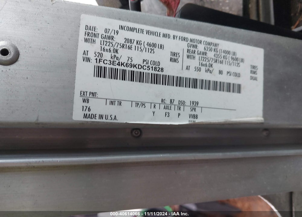 2019 FORD E-450 STRIPPED VIN: 1FC3E4K69KDC51828