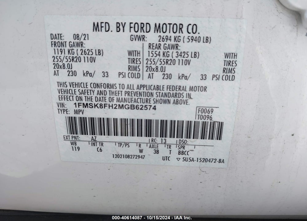 2021 FORD EXPLORER LIMITED VIN: 1FMSK8FH2MGB62574