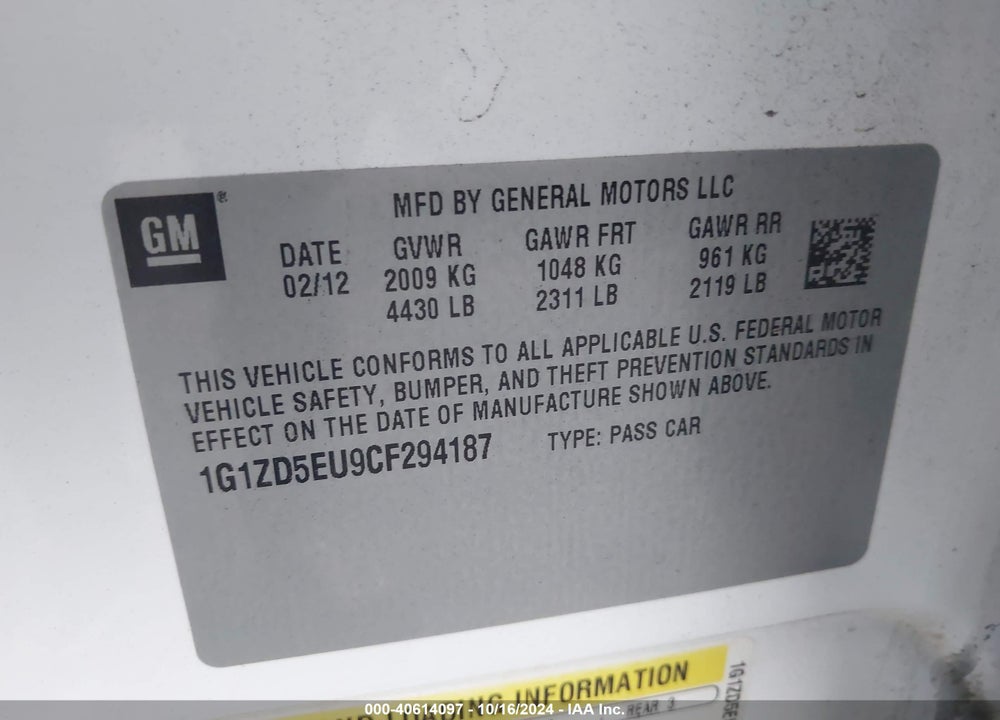 2012 CHEVROLET MALIBU 2LT VIN: 1G1ZD5EU9CF294187