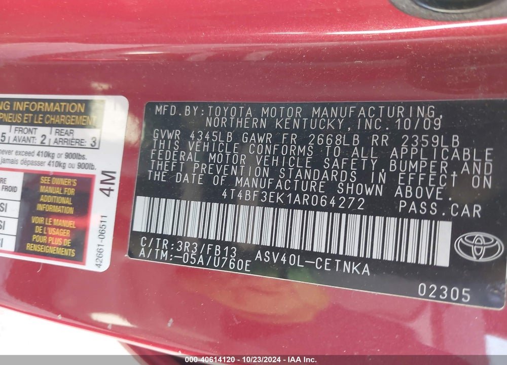 2010 TOYOTA CAMRY LE VIN: 4T4BF3EK1AR064272