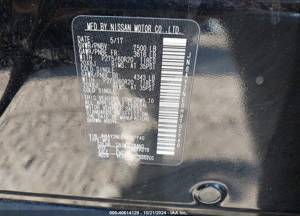 2017 NISSAN ARMADA PLATINUM VIN: JN8AY2NE0H9707740