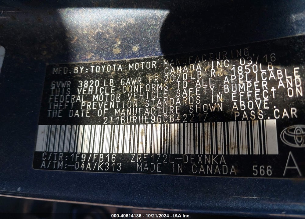 2016 TOYOTA COROLLA LE PLUS VIN: 2T1BURHE9GC642217