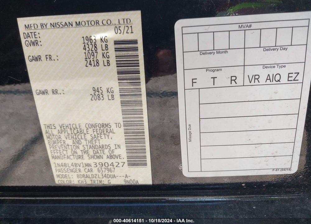 2021 NISSAN ALTIMA S FWD VIN: 1N4BL4BV1MN390427