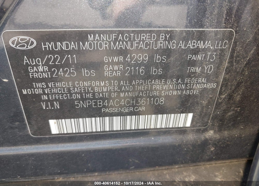 2012 HYUNDAI SONATA GLS VIN: 5NPEB4AC4CH361108