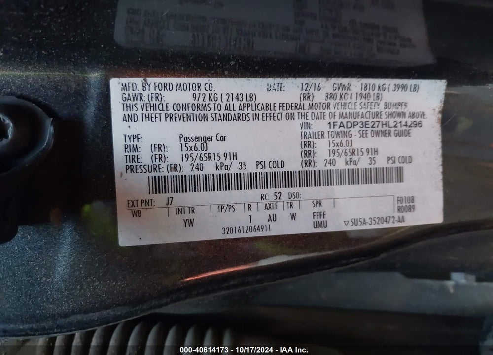 2017 FORD FOCUS VIN: 1FADP3E27HL214296