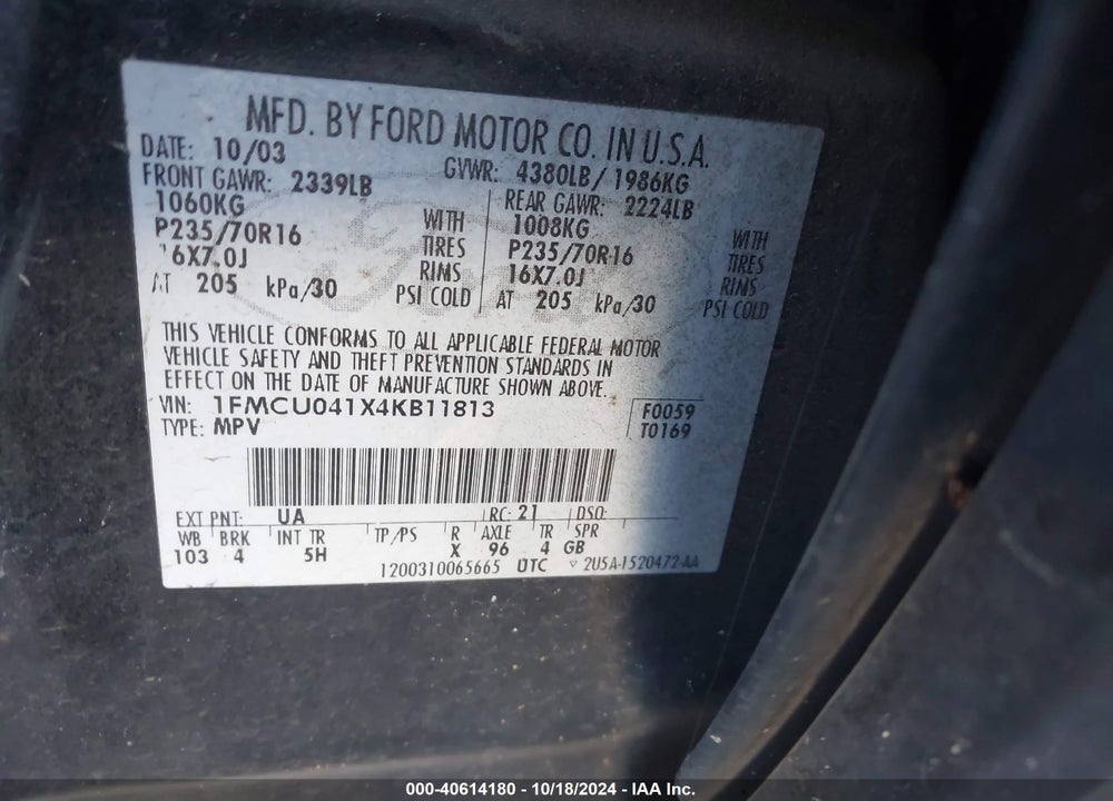 2004 FORD ESCAPE LIMITED VIN: 1FMCU041X4KB11813
