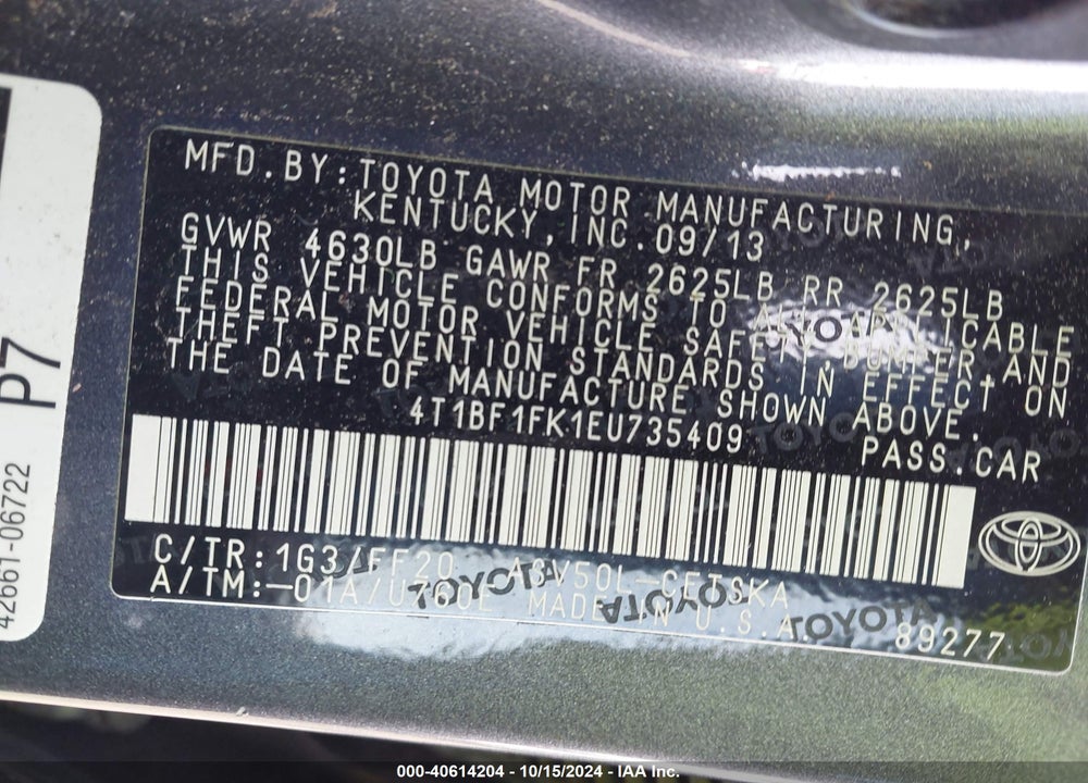 2014 TOYOTA CAMRY SE VIN: 4T1BF1FK1EU735409
