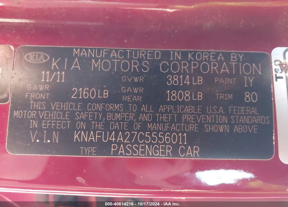 2012 KIA FORTE EX VIN: KNAFU4A27C5556011