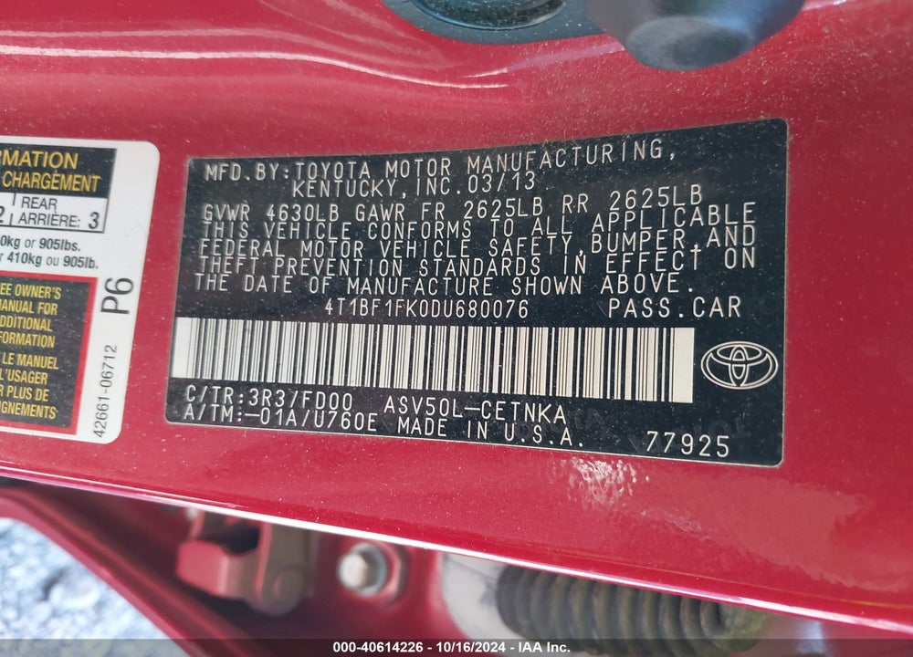 2013 TOYOTA CAMRY LE VIN: 4T1BF1FK0DU680076