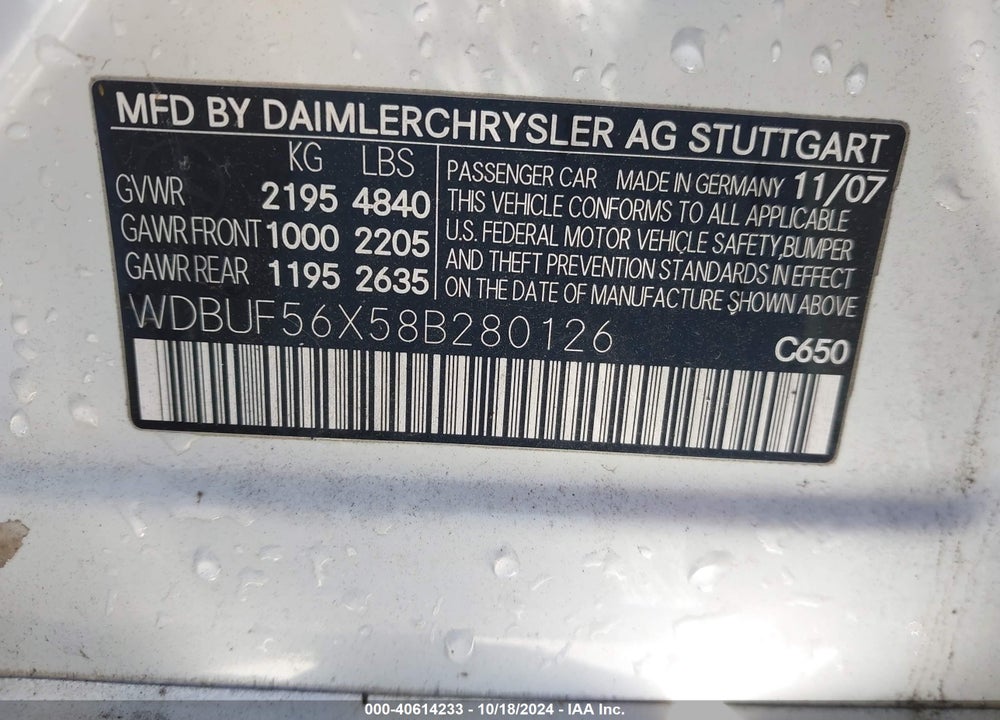 2008 MERCEDES-BENZ E 350 VIN: WDBUF56X58B280126