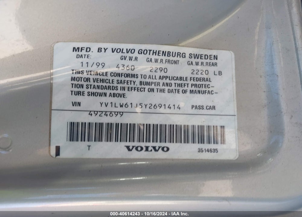 2000 VOLVO V70 SE VIN: YV1LW61J5Y2691414