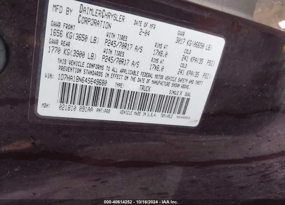 2004 DODGE RAM 1500 SLT/LARAMIE VIN: 1D7HA18N64S649680