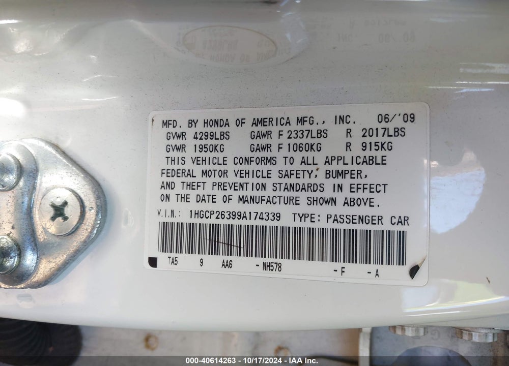 2009 HONDA ACCORD 2.4 LX VIN: 1HGCP26399A174339