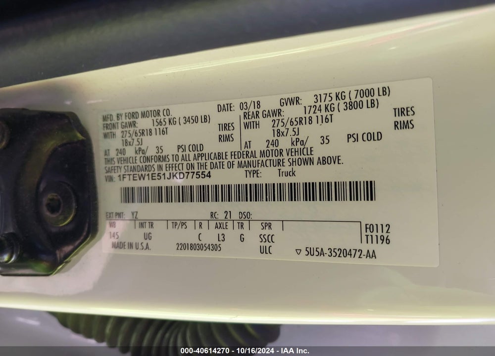2018 FORD F-150 XLT VIN: 1FTEW1E51JKD77554