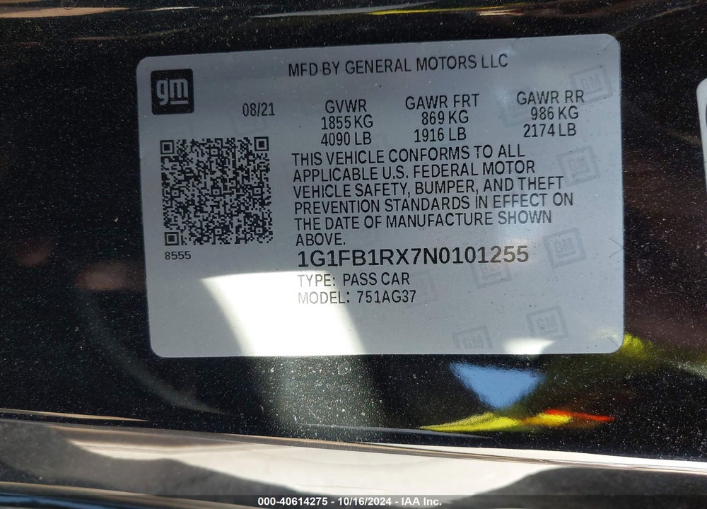 2022 CHEVROLET CAMARO RWD 1LS VIN: 1G1FB1RX7N0101255
