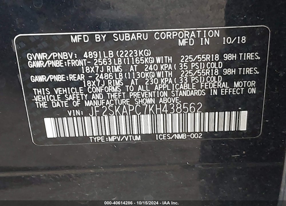 2019 SUBARU FORESTER SPORT VIN: JF2SKAPC7KH438562