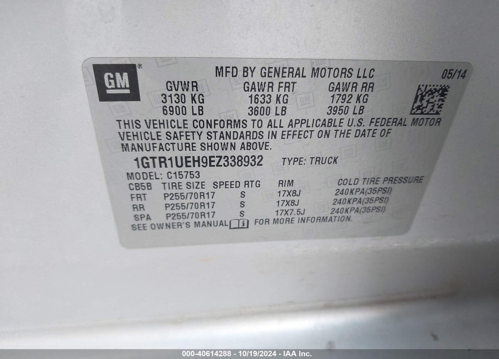 2014 GMC SIERRA 1500 SLE VIN: 1GTR1UEH9EZ338932