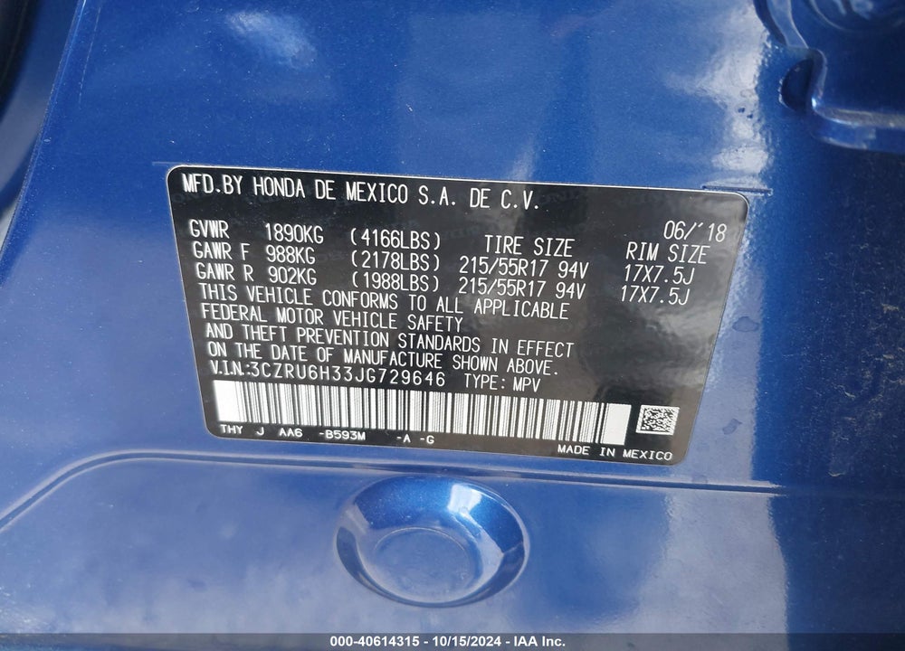 2018 HONDA HR-V LX VIN: 3CZRU6H33JG729646