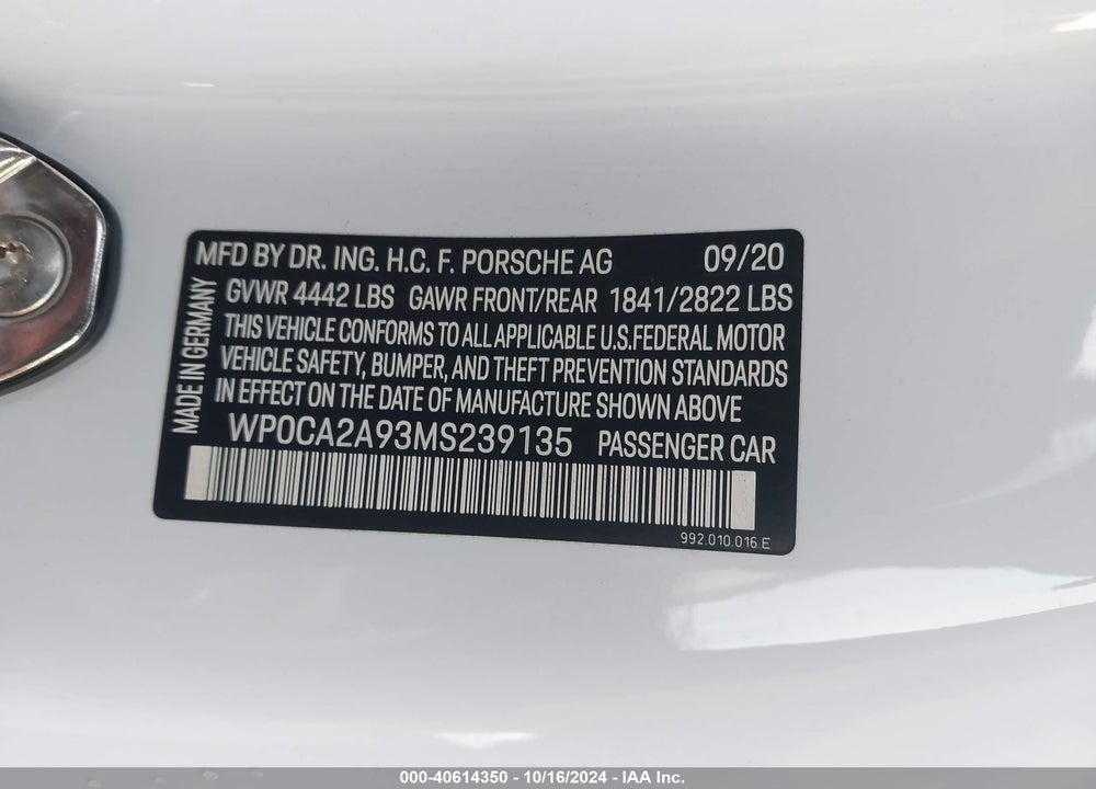 2021 PORSCHE 911 CARRERA 4 /CARRERA VIN: WP0CA2A93MS239135