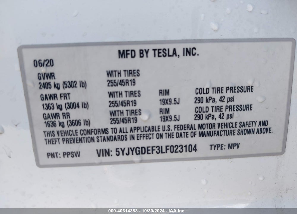 2020 TESLA MODEL Y VIN: 5YJYGDEF3LF023104
