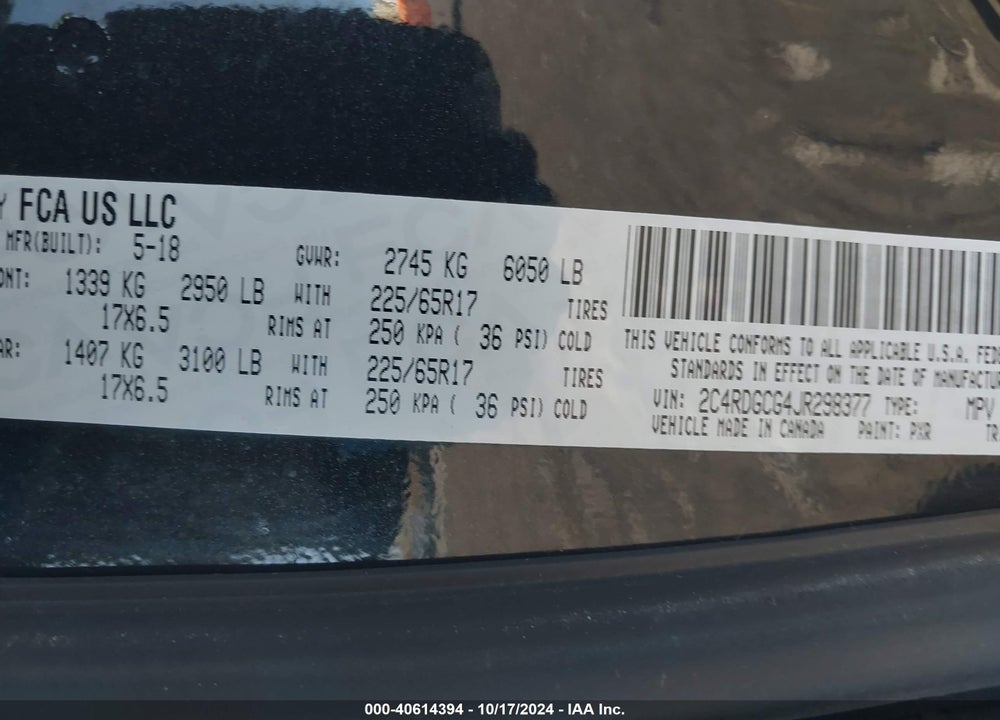 2018 DODGE GRAND CARAVAN SXT VIN: 2C4RDGCG4JR298377