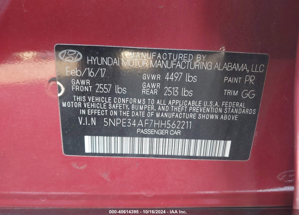 2017 HYUNDAI SONATA SPORT VIN: 5NPE34AF7HH562211