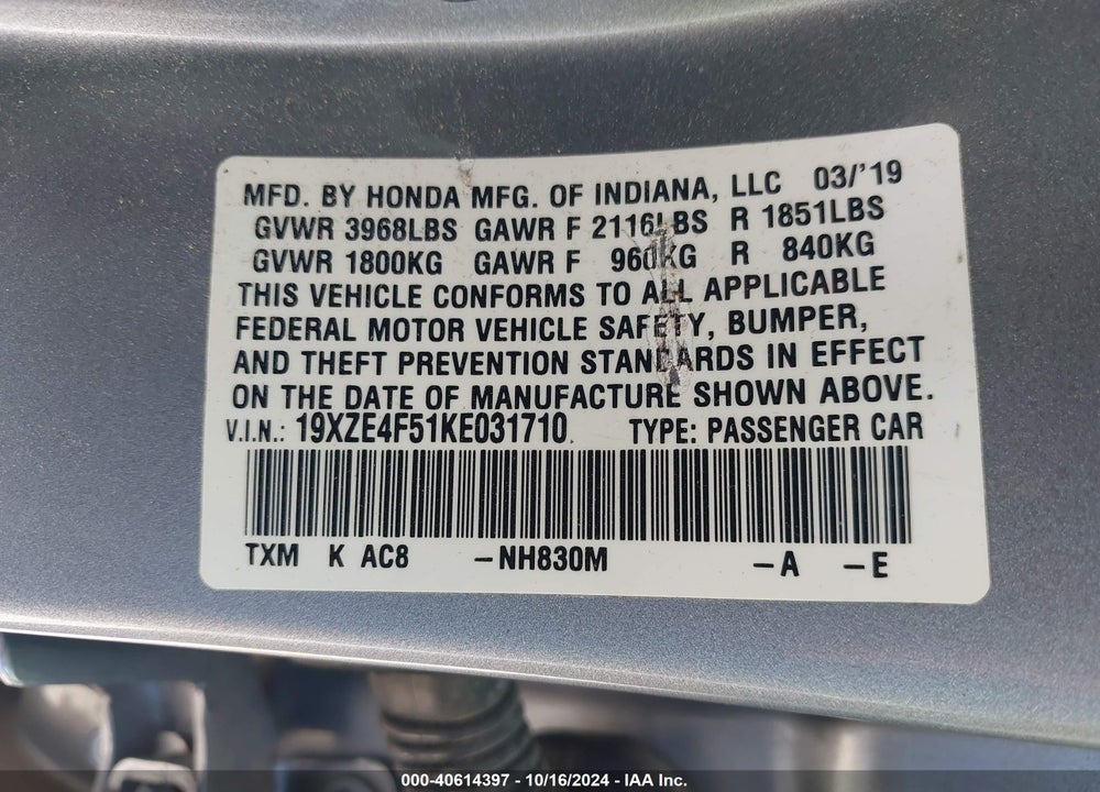 2019 HONDA INSIGHT EX VIN: 19XZE4F51KE031710