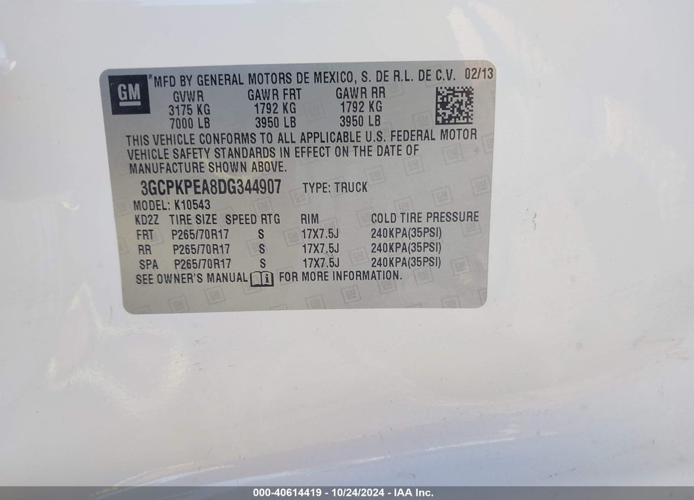 2013 CHEVROLET SILVERADO 1500 WORK TRUCK VIN: 3GCPKPEA8DG344907
