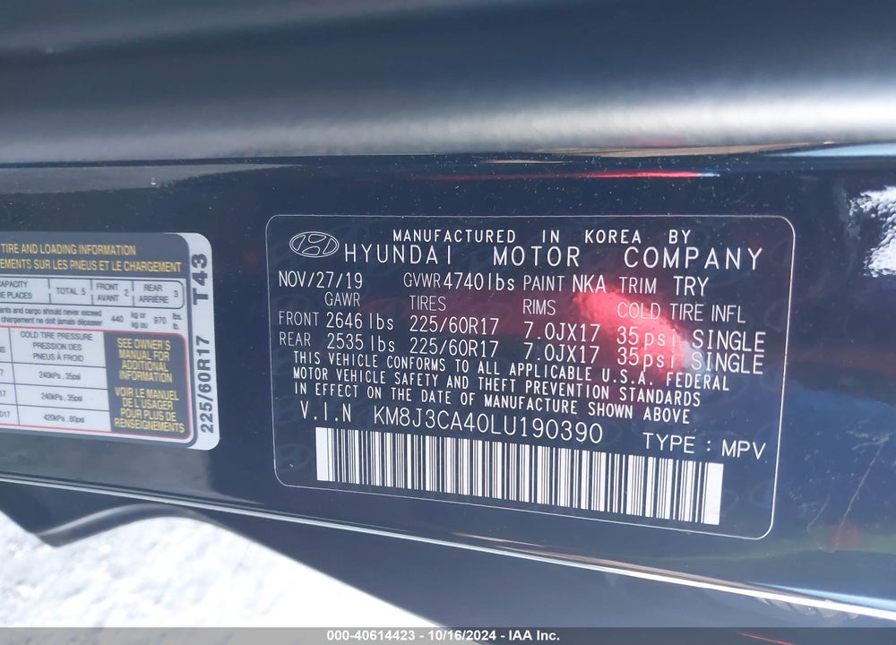 2020 HYUNDAI TUCSON VALUE VIN: KM8J3CA40LU190390