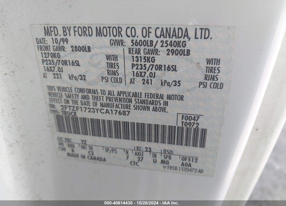 2000 FORD F-150 WORK SERIES/XL/XLT VIN: 2FTZF1723YCA17687