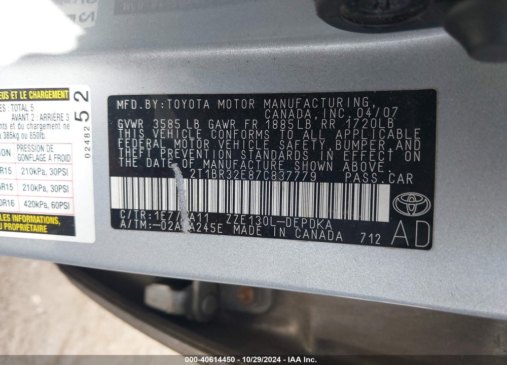 2007 TOYOTA COROLLA CE VIN: 2T1BR32E87C837779
