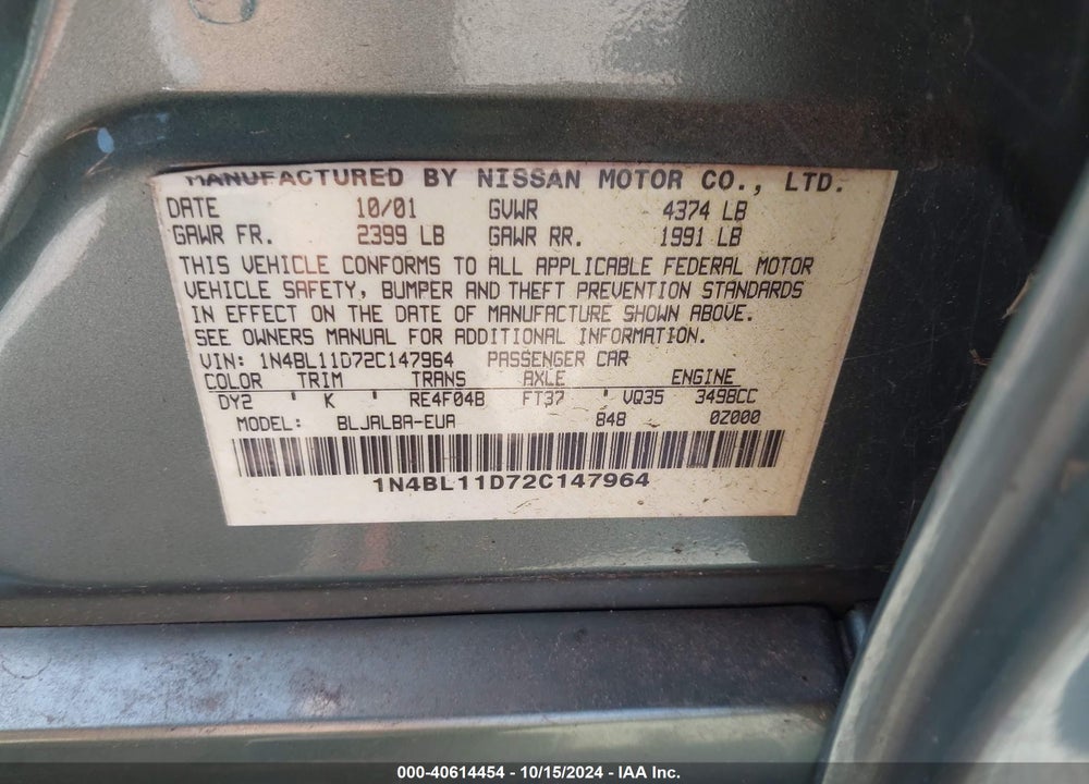 2002 NISSAN ALTIMA 3.5 SE VIN: 1N4BL11D72C147964