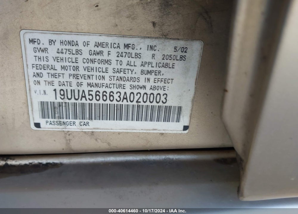 2003 ACURA TL 3.2 VIN: 19UUA56663A020003