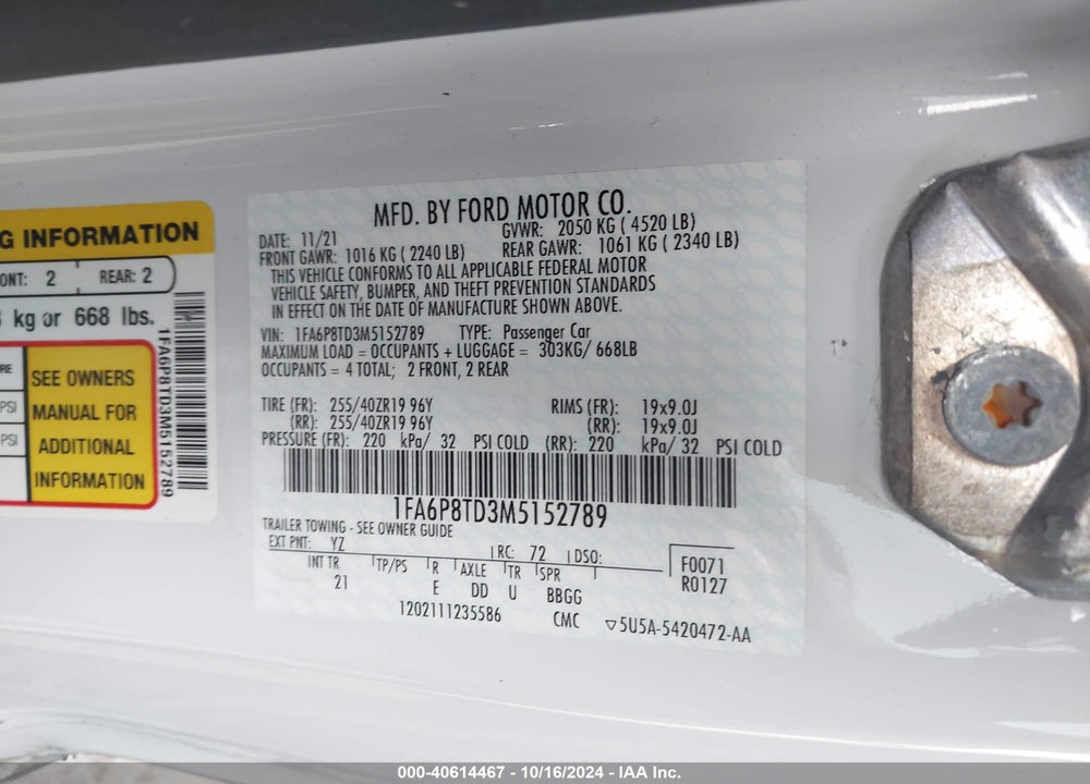 2021 FORD MUSTANG ECOBOOST VIN: 1FA6P8TD3M5152789